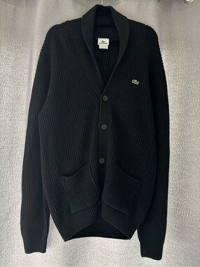 Lacoste Men's Black Shawl Collar Cardigan, Wool and Cotton Blend, Size M